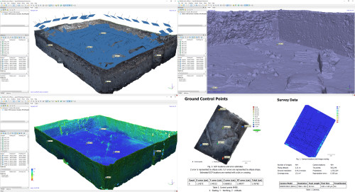 Fig. 3. Procesarea fotogrammetrică pentru documentarea de proximitate: fotografiile utilizate și poziționarea lor în coordonate; analiza gradului de confidență a norului dens de puncte; modelul 3D mesh solid realizat în baza norului de puncte dens; analiza erorilor de localizare topografică. 
